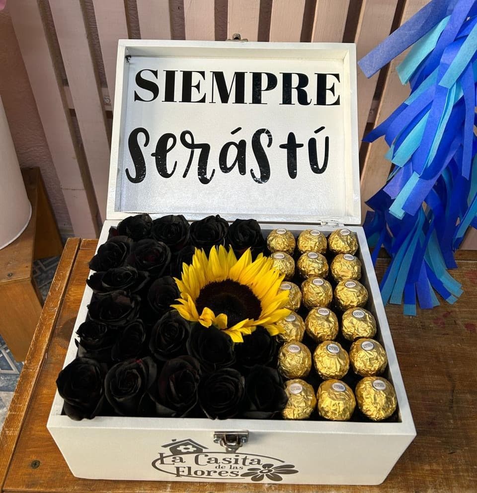 Baúl con 20 rosas negras, 1 girasol y 20 chocolates ferreros